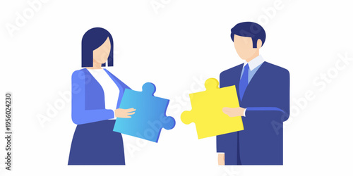 Business professionals connecting puzzle pieces symbolizing collaboration and teamwork