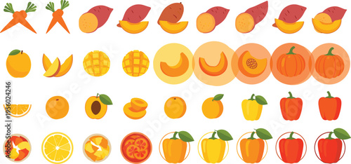 Orange and vegetable icons set with carrots pumpkins peppers and citrus fruits colorful food collection cartoon vector illustration