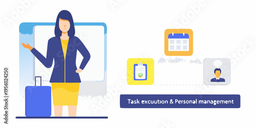 Woman presenting a digital interface with travel and scheduling icons