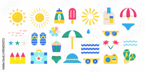 Colorful summer icons including suns swimwear and beach accessories