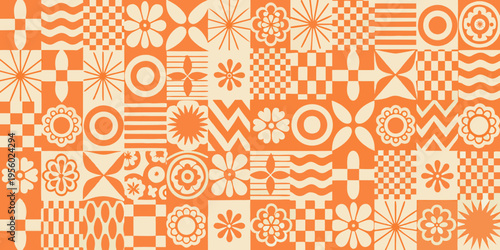 A repeating pattern of orange and beige geometric floral designs