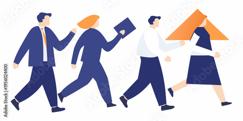 People walking in a city illustrated with geometric shapes and colors