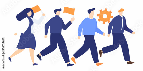 Group of people walking forward with flags and a gear symbol