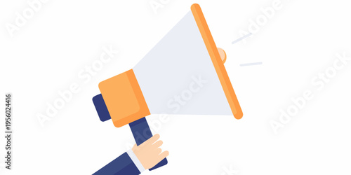 A colorful illustration depicts a hand holding an orange megaphone