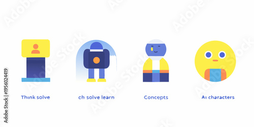 Four colorful abstract ai characters representing concepts and learning