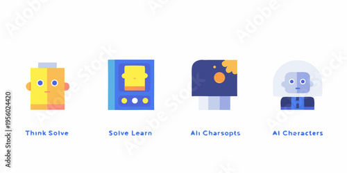 Four stylized robotic characters are arranged in a horizontal line