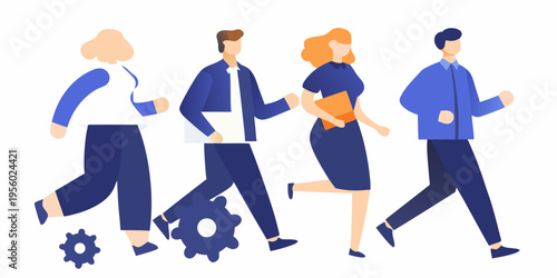 Four business professionals are hurrying forward with a gear below them