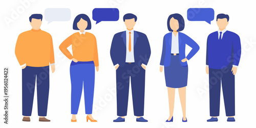 A group of five people standing and talking with speech bubbles