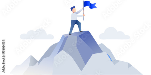 A man stands atop a mountain proudly waving a blue flag