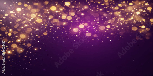 Abstract an eye-catching and shimmering abstract backdrop featuring a cascade of sparkling golden bokeh lights against a deep purple background. The image evokes a sense of elegance and celebration.
