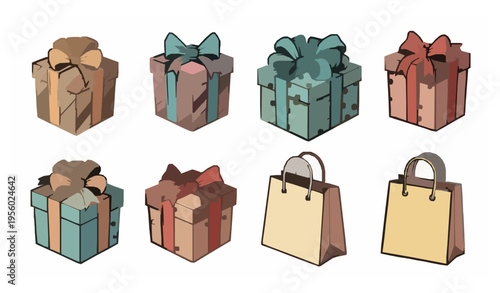 Retro cartoon gift boxes and shopping bags vector collection vintage packaging isolated on white background