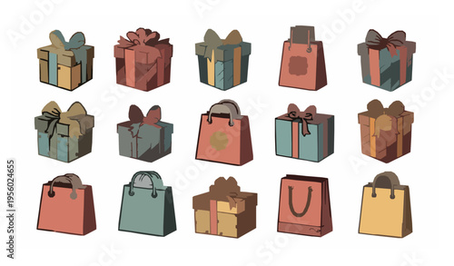Retro cartoon gift boxes and shopping bags vector set vintage presents isolated on white background