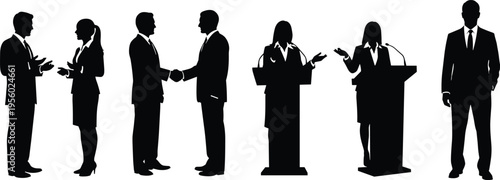 Business people silhouettes showing meeting, handshake and public speaking at podium, professional corporate communication and leadership concept vector illustration set