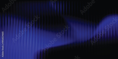 Deep blue neon gradient light wave on dark vertical stripes, abstract futuristic tech background banner