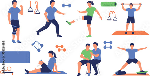 Physiotherapy exercises set with trainer and patient rehabilitation workout stretching strength training medical fitness cartoon vector illustration collection