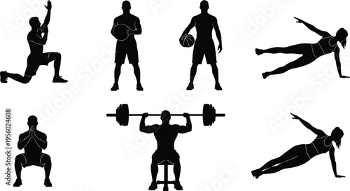 Fitness and sport silhouettes collection with strength training, basketball poses and bodyweight exercises, active lifestyle and gym workout concept vector set