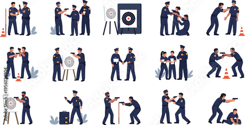 Police training and arrest situations set with officers practicing shooting tactics handcuffing suspects and law enforcement activities cartoon vector illustration collection