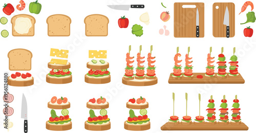 Sandwich and appetizer making set with bread ingredients cutting boards skewers and cooking steps food preparation cartoon vector illustration collection