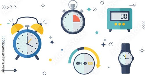 Time management and clock icons set with alarm stopwatch timer and countdown concepts modern cartoon vector illustration collection