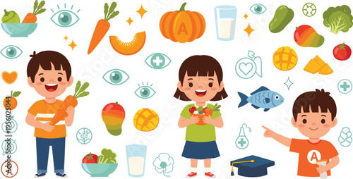 Vitamin A rich foods concept with kids eating healthy fruits and vegetables, nutrition education with carrot, pumpkin and fish, wellness vector illustration set