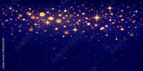 Abstract, a celestial dance of shimmering golden particles cascades against a deep blue canvas, evoking a sense of wonder and cosmic beauty.