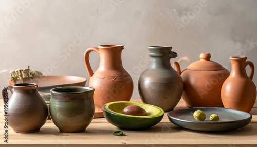 Still life with terracotta pottery and fruit