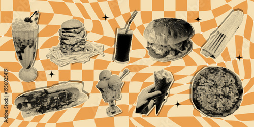Retro fast food halftone collage set with burger, fries, hot dog, pizza, milkshake, ice cream, shawarma and more. Vintage street food collection for menu design, branding, posters. Vector illustration