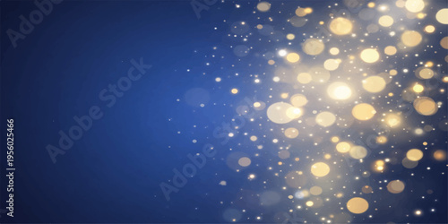Abstract golden bokeh lights dance gracefully against a deep blue backdrop, creating a captivating visual spectacle. A harmonious blend of color and light evokes feelings of magic and celebration.