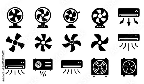 Cooling fan silhouette icons set with ventilator propeller and air conditioner vector isolated on white background
