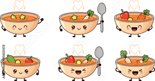 Cute kawaii soup bowl characters with vegetables and spoon cartoon vector illustration funny food mascots collection for kids design