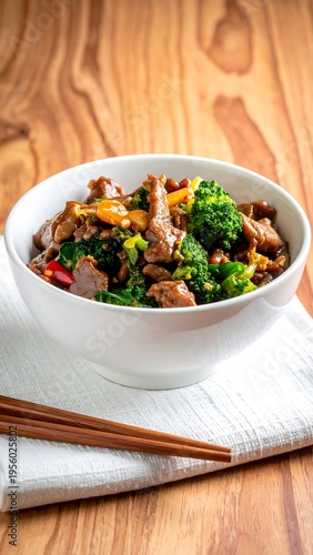 Stir-fried beef with broccoli in a bowl