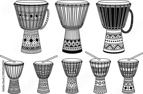 Djembe drum silhouette illustration set, African percussion tribal musical instrument artwork, cultural rhythm vector design concept