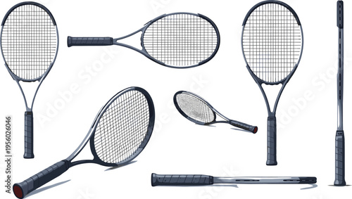 Tennis racket set with different angles realistic vector illustration professional sports equipment collection isolated on white background