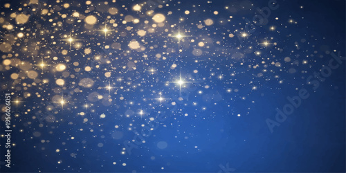 Abstract a mesmerizing composition of glittering gold sparkles dance gracefully against a deep blue background, evoking a sense of celestial wonder and magical enchantment.