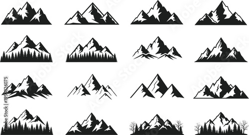 Mountain silhouette illustration set, nature landscape outdoor peaks forest artwork, wilderness vector design concept