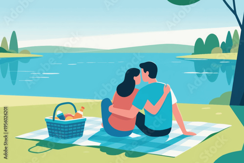 Illustration Of A Couple Sitting Embracing Facing A Lake With A Basket Beside Them Vector Design Template