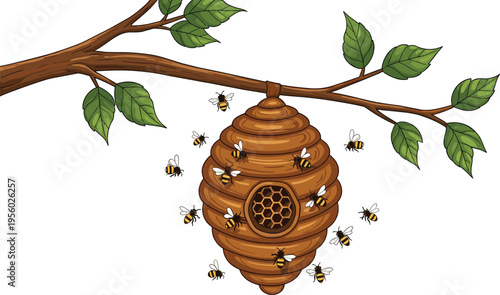 Beehive on tree branch with flying bees detailed vector illustration natural honey production concept wildlife and ecology design