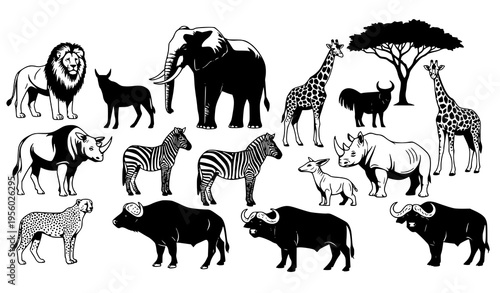Black and White African Safari Animal Silhouettes with Trees Vector Illustration Collection