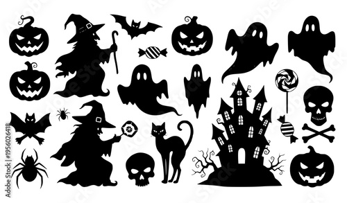 Hand-Drawn Halloween Silhouettes Vector Set with Icons and Characters