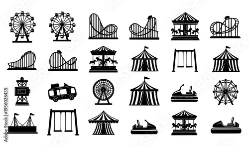 Black Silhouettes Amusement Park Icons Set Ferris Wheel Roller Coaster and Carnival Rides