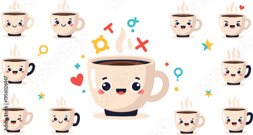 Cute kawaii coffee cup characters with smiling faces colorful vector illustration funny cartoon mugs collection playful drink design