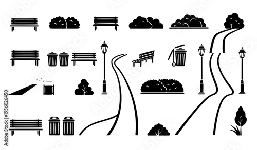 Park Icons Vector Set Simple Style Outdoor Street Elements Trash Hedge Bench