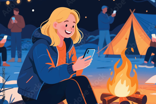 Illustration Of A Woman Playing With Her Cellphone Near A Campfire, At Night Around The Camping Area Vector Design Template