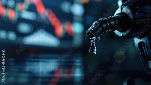 gasoline fuel nozzle with graph chart of the energy business market on a global industrial shortage crisis periods.  	
