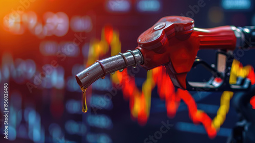 gasoline fuel nozzle with graph chart of the energy business market on a global industrial shortage crisis periods.  	