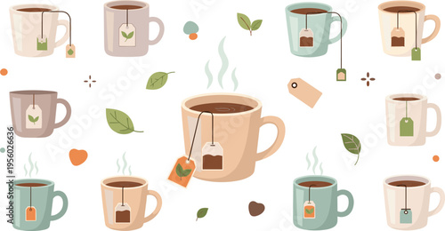 Tea cups collection with hanging teabags cozy flat vector illustration warm herbal drink set with leaves and steam elements design