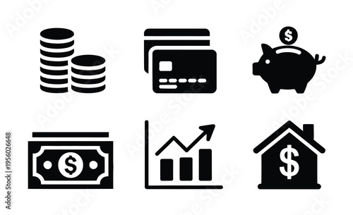 Financial silhouette icons banking currency symbols minimal vector illustration