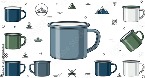 Enamel camping mugs set with mountain elements outdoor adventure vector illustration rustic metal cups collection for travel and hiking design