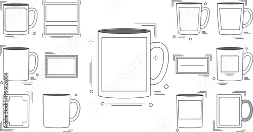Blank coffee mug mockup set with different angles minimal outline vector illustration customizable template for branding and product design