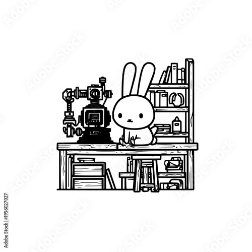 Whimsical cartoon bunny inventor sits at a cluttered workbench with a complex steampunk robot creation surrounded by books and tools evoking a sense of creativity curiosity